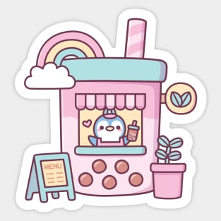 Cute Penguin Running A Bubble Tea Cafe Sticker